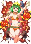  1girl akira_ituki bikini brown_eyes clenched_hand explosion gloves green_hair hardhat helmet jumping macross macross_frontier open_mouth orange_bikini over_shoulder pickaxe ranka_lee short_hair solo swimsuit 