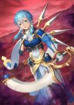 1girl armor bangs black_legwear blue_eyes blue_hair boots bow_(weapon) breastplate clouds cloudy_sky dutch_angle floating_hair gloves hair_between_eyes hair_tubes holding holding_bow_(weapon) holding_weapon knee_boots long_sleeves looking_at_viewer open_mouth outdoors red_sky shin716 shiny shiny_hair short_hair_with_long_locks shoulder_armor side_slit sidelocks sinon_(solus) skirt sky solo standing sword_art_online sword_art_online:_alicization weapon white_gloves white_skirt 