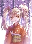  1girl artist_name blonde_hair bow brown_eyes cat_hair_ornament commentary_request dangan_ronpa eyebrows_visible_through_hair flower hair_between_eyes hair_ornament japanese_clothes kimono long_hair long_sleeves looking_at_viewer orange_kimono saionji_hiyoko smile solo super_dangan_ronpa_2 translation_request twintails wide_sleeves wisteria z-epto_(chat-noir86) 