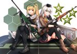  2girls absurdres assault_rifle black_footwear black_gloves black_headwear black_legwear black_skirt blonde_hair boots brown_footwear brown_jacket character_name dragunov_svd eyebrows_visible_through_hair fingerless_gloves girls_frontline gloves green_ribbon grey_eyes grey_hair gun hair_ribbon hairband hand_on_weapon hat highres holding holding_weapon huge_filesize jacket long_hair looking_at_viewer military military_hat military_uniform multiple_girls muteppona_hito open_mouth red_eyes ribbon rifle russian_flag shirt silver_hair simple_background sitting sitting_on_floor skirt smile sniper_rifle sv-98 sv-98_(girls_frontline) svd_(girls_frontline) tape thigh-highs uniform weapon weapon_case white_jacket white_shirt 