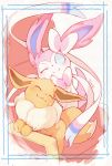  :3 absurdres artist_name blue_border blue_sclera blush border chair closed_eyes closed_mouth commentary_request eevee gen_1_pokemon gen_6_pokemon happy highres looking_at_another navel no_humans one_eye_closed pokemon pokemon_(creature) signature simple_background smile sylveon tamanosuke white_background white_eyes 