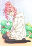  1girl akira_ituki alternate_costume alternate_hairstyle cup hair_bun head_tilt holding holding_cup hood hoodie looking_at_viewer macross macross_7 mylene_jenius seiza sitting solo thigh-highs 