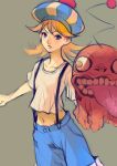  1girl blonde_hair breath_of_fire breath_of_fire_iv closed_mouth hat highres looking_at_viewer navel oshieta_girl puppet shirt short_hair simple_background suspenders white_shirt 