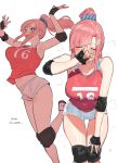  1girl bangs bent_over breasts closed_eyes elbow_pads fingerless_gloves gloves highres jumping knee_pads large_breasts multiple_views original pink_hair ponytail sportswear suisogenshi tied_hair violet_eyes volleyball_uniform 