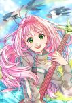  1girl akira_ituki bird close-up floating_hair green_eyes guitar holding holding_instrument instrument long_hair looking_at_viewer macross macross_7 mylene_jenius open_mouth pink_hair pointy_ears smile solo sparrow 