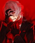  1boy antonio_salieri_(fate/grand_order) black_gloves black_jacket collared_shirt cravat eyebrows eyebrows_visible_through_hair fate/grand_order fate_(series) formal gloves jacket long_sleeves looking_at_viewer male_focus neckwear pinstripe_pattern red_background red_neckwear shirt short_hair silver_hair simple_background solo striped suit toalke_knell twitter_username upper_body white_hair white_shirt 