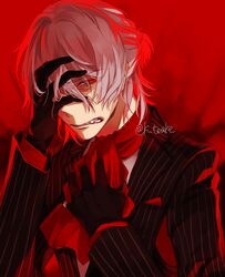  1boy antonio_salieri_(fate/grand_order) black_gloves black_jacket collared_shirt cravat eyebrows eyebrows_visible_through_hair fate/grand_order fate_(series) formal gloves jacket long_sleeves looking_at_viewer male_focus neckwear pinstripe_pattern red_background red_neckwear shirt short_hair silver_hair simple_background solo striped suit toalke_knell twitter_username upper_body white_hair white_shirt 