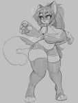  1girl animal_ear_fluff animal_ears animal_nose breasts cat cat_ears cat_girl cat_tail claws closed_mouth clothing_request curvy digitigrade dumbbell english_commentary full_body furry grey_background hair_between_eyes jinx_doodle large_breasts long_hair medium_request monochrome navel original pawpads shorts solo sports_bra standing sweat sweating_profusely tail thick_thighs thighs 