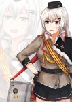  1girl absurdres belt black_belt black_gloves black_skirt breasts brown_jacket eyebrows_visible_through_hair fingerless_gloves girls_frontline gloves grey_eyes grey_hair hand_on_hip hat highres huge_filesize jacket long_hair looking_away military military_hat military_uniform muteppona_hito open_mouth silver_hair skirt solo svd_(girls_frontline) sweatdrop tape uniform weapon_case white_background 