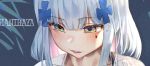  1girl artist_name bangs bikini black_bikini blue_background blunt_bangs commentary cross_hair_ornament eyebrows_visible_through_hair facial_mark facial_tattoo fern floral_background girls_frontline green_eyes hair_ornament hani_haya hk416_(girls_frontline) looking_down navel open_mouth sheer_clothes sidelocks silver_hair smile swimsuit tattoo teardrop teardrop_tattoo teeth 