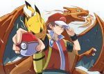  1boy absurdres arnoldtan93 baseball_cap brown_hair charizard english_commentary gen_1_pokemon grey_eyes hat highres holding holding_clothes holding_hat holding_poke_ball lightning looking_down looking_up pikachu poke_ball poke_ball_(basic) pokemon pokemon_(creature) pokemon_(game) pokemon_hgss red_(pokemon) yellow_eyes 