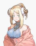  1girl :3 bare_shoulders blonde_hair blush closed_mouth collarbone eyebrows_visible_through_hair eyes_visible_through_hair facial_mark grey_background horns jewelry kahill medium_hair necklace original ponytail sheep_girl sheep_horns simple_background smile solo turtleneck upper_body 