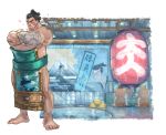  3boys bandages barefoot bathhouse bathtub black_hair blonde_hair chonmage commentary_request crossed_arms edmond_honda facepaint headband highres ken_masters mount_fuji multiple_boys petals ryuu_(street_fighter) sitting sora-bakabon street_fighter street_fighter_v sumo topknot washing 