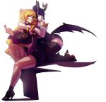  absurdres ahri blonde_hair blue_hair breasts cosmikaizer cosplay demon_girl demon_horns demon_wings english_commentary evelynn highres horns hug hug_from_behind k/da_(league_of_legends) k/da_ahri k/da_ahri_(cosplay) k/da_evelynn k/da_evelynn_(cosplay) lana_(cosmikaizer) large_breasts looking_to_the_side original thick_thighs thigh-highs thighs twintails uneven_twintails violet_eyes white_background wings yellow_eyes 
