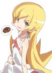  1girl absurdres blonde_hair blush_stickers collarbone doughnut dress eyebrows_visible_through_hair fang food gazacy_(dai) highres long_hair looking_at_viewer monogatari_(series) open_mouth oshino_shinobu simple_background sleeveless sleeveless_dress smile solo white_background white_dress yellow_eyes 