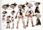  1girl bag bangs barefoot black_bodysuit black_hairband bodysuit bodysuit_under_clothes clenched_hands closed_mouth collared_shirt concept_art eyelashes gloves grey_eyes grey_hair gym_leader hair_between_eyes hairband knee_pads looking_at_viewer mouth_hold multiple_views official_art paper_bag pokemon pokemon_(game) pokemon_swsh print_shorts saitou_(pokemon) scan shirt short_hair short_sleeves shorts single_glove tied_shirt toes translation_request 