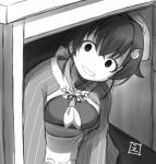  1girl apron bandana bangs breasts commentary_request desk ebifly empty_eyes eyebrows_visible_through_hair greyscale hair_flaps hair_ornament jingei_(kantai_collection) kantai_collection long_sleeves monochrome neckerchief open_mouth shawl signature sitting solo under_table waist_apron yandere 