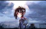  1girl bangs blood blood_on_face brown_hair child clouds cloudy_sky collared_shirt commentary earrings english_commentary hair_bun hair_ornament halo highres jewelry looking_at_viewer multiple_earrings orange_eyes original outdoors shirt short_hair sky solo sunlight tokikosann upper_body 