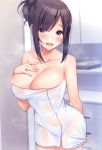  1girl bangs black_hair blue_eyes blush breasts hair_bun highres large_breasts looking_at_viewer mole mole_on_breast naked_towel open_mouth original see-through_silhouette short_hair smile solo super_nagoyaka towel wet 