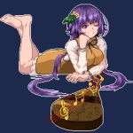  1girl bare_legs barefoot biwa_lute breasts double_dealing_character flower hair_flower hair_ornament instrument large_breasts long_hair long_sleeves looking_at_viewer lowres lute_(instrument) musical_note nukekip pixel_art purple_hair shirt simple_background skirt smile solo touhou tsukumo_benben twintails violet_eyes white_shirt 