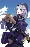  1girl assault_rifle beret black_legwear breasts clodius foregrip girls_frontline gloves green_eyes grey_hair gun h&amp;k_hk416 hat highres hk416_(girls_frontline) long_hair plaid plaid_skirt rifle skirt solo thigh-highs thighs trigger_discipline weapon xipel 