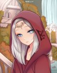  1girl bangs blue_eyes building cloak closed_mouth clothes_writing commentary day face frown grey_hair highres hood hood_up hooded_cloak long_hair looking_at_viewer original outdoors parted_bangs red_cloak red_hood shellvi silver_hair solo tagme tiara tree upper_body water waterfall 