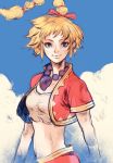  1girl bandages blonde_hair blue_eyes breasts chrono_cross closed_mouth clouds crop_top cropped_jacket high_ponytail highres jewelry kid_(chrono_cross) long_hair looking_at_viewer midriff multi-tied_hair navel necklace outdoors ponytail sky smile solo vest 