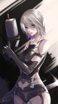  1girl bare_shoulders black_shorts black_tank_top blue_eyes breasts cowboy_shot expressionless hair_over_one_eye hand_up highres holding holding_sword holding_weapon looking_at_viewer medium_breasts medium_hair mole mole_under_mouth nier_(series) nier_automata pod_(nier_automata) re_(re_09) short_shorts shorts silver_hair solo sword tank_top torn_tank_top weapon yorha_type_a_no._2 