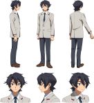  1boy black_hair black_neckwear character_sheet grey_eyes gundam gundam_build_divers gundam_build_divers_re:rise highres kuga_hiroto looking_to_the_side multiple_views necktie official_art outstretched_arm school_uniform solo 