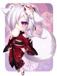  1girl aika_(konshin) animal_ears blush chibi fingerless_gloves fox_ears fox_mask fox_tail gloves hair_over_one_eye hip_vent japanese_clothes kimono konshin looking_at_viewer mask mask_on_head obi original sandals sash short_hair solo tail violet_eyes white_hair yukata 