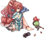  1girl acea4 animal_print bag brown_eyes brown_hair burnt_clothes doll_hug fish fish_print food_print full_body goldfish goldfish_print gun japanese_clothes kantai_collection kimono leaf_print long_hair official_art ponytail sandals sandals_removed satchel scale_print shell_casing sitting solo stuffed_animal stuffed_dolphin stuffed_fish stuffed_toy tears wavy_hair weapon yashiro_(kantai_collection) yukata 