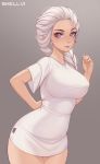 1girl absurdres artist_name braid breasts cowboy_shot dress grey_background hair_over_shoulder hand_on_hip hand_up highres large_breasts long_braid long_hair looking_at_viewer original pajamas_challenge pointy_ears shellvi shirt short_sleeves smile solo thighs violet_eyes white_shirt 