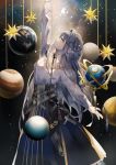  1girl absurdres arknights arm_up astesia_(arknights) blue_eyes blue_hair dress feathers floral_print highres long_dress long_hair planet profile sky star_(sky) starry_sky tadatsu 