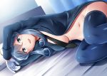  1girl :d bed bed_sheet black_neckwear blue_eyes blue_hair blue_legwear breasts gloves gotland_(kantai_collection) hair_between_eyes half_gloves kamelie kantai_collection long_hair long_sleeves medium_breasts military military_uniform mole mole_under_eye necktie no_pants open_mouth pillow smile solo thigh-highs uniform white_gloves 