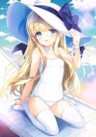  1girl arm_up bangs bare_shoulders beach blonde_hair blue_eyes bow casual_one-piece_swimsuit choker clouds collarbone commentary_request day emily_(pure_dream) hand_on_headwear hat hat_ribbon long_hair looking_at_viewer neck_ribbon no_shoes ocean one-piece_swimsuit open_mouth original outdoors ribbon seiza sitting sky smile solo sun_hat swimsuit thigh-highs thighs white_headwear white_legwear white_swimsuit wind wrist_ribbon 