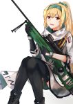  1girl absurdres assault_rifle black_footwear black_gloves black_legwear blonde_hair boots eyebrows_visible_through_hair girls_frontline gloves green_ribbon gun hair_ribbon hairband hand_on_weapon highres holding holding_weapon huge_filesize jacket long_hair looking_at_viewer military military_uniform muteppona_hito open_mouth red_eyes ribbon rifle russian_flag sitting sitting_on_floor solo sv-98 sv-98_(girls_frontline) thigh-highs uniform weapon white_background white_jacket 