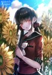  1girl adjusting_hair artist_name bangs black_hair black_skirt blue_sky blunt_bangs blush clouds cloudy_sky commentary_request dangan_ronpa day eyebrows_visible_through_hair field flower flower_field hair_ornament hair_scrunchie harukawa_maki holding holding_hair long_hair looking_at_viewer low_twintails mole mole_under_eye new_dangan_ronpa_v3 open_mouth outdoors parted_lips pleated_skirt red_eyes red_scrunchie red_shirt ribbon school_uniform scrunchie serafuku shirt skirt sky solo star_(symbol) star_print sunflower twintails twitter_username upper_body very_long_hair white_ribbon yellow_flower z-epto_(chat-noir86) 