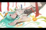  1girl absurdres blue_eyes blue_hair english_commentary flower hair_over_one_eye hatsune_miku highres leg_up long_hair looking_at_viewer lying on_back oria red_nails solo vocaloid 