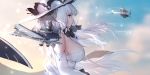  1girl aircraft azur_lane bangs blue_eyes blue_sky breasts clouds dress elbow_gloves flight_deck floating_hair gloves hair_ribbon hat highres illustrious_(azur_lane) lace_trim large_breasts long_hair looking_away ribbon sky smile solo strapless strapless_dress sun_hat swd3e2 tress_ribbon white_dress white_gloves white_hair white_headwear 