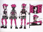  1girl banner black_footwear black_gloves boots character_print closed_mouth concept_art fingerless_gloves flag gloves holding holding_flag mary_(pokemon) multiple_views official_art open_mouth pantyhose pink_eyes pink_legwear pokemon pokemon_(game) pokemon_swsh scan skirt smile team_yell_grunt teeth tongue translation_request 