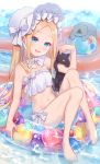  1girl abigail_williams_(fate/grand_order) abigail_williams_(swimsuit_foreigner)_(fate) bangs bare_shoulders barefoot bikini black_cat blonde_hair blue_eyes blush bonnet bow breasts cat fate/grand_order fate_(series) forehead hair_bow iincho_(airi8751) innertube legs long_hair looking_at_viewer miniskirt navel open_mouth parted_bangs sidelocks skirt small_breasts smile swimsuit twintails very_long_hair water white_bikini white_bow white_headwear 