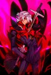  1boy antonio_salieri_(fate/grand_order) aura black_background black_gloves black_jacket black_pants collared_shirt cravat fate/grand_order fate_(series) formal gloves highres holding holding_sword holding_weapon jacket long_sleeves looking_at_viewer male_focus neckwear nonono_nagata pants pinstripe_pattern red_neckwear shirt short_hair silver_hair simple_background solo striped suit sword weapon white_hair white_shirt 