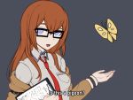  1girl :d bangs bespectacled black-framed_eyewear blue_eyes blush breasts brown_hair brown_jacket bug butterfly collared_shirt english_text glasses grey_background hair_between_eyes insect is_this_a_pigeon jacket long_hair long_sleeves looking_at_viewer makise_kurisu medium_breasts meme necktie off_shoulder open_mouth pantyhose red_neckwear shellvi shirt shorts simple_background smile solo steins;gate subtitled upper_body white_shirt 