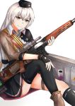  1girl absurdres assault_rifle black_gloves black_headwear black_legwear black_skirt boots brown_footwear brown_jacket character_name dragunov_svd eyebrows_visible_through_hair fingerless_gloves girls_frontline gloves grey_eyes grey_hair gun hand_on_own_knee hand_on_weapon hat highres holding holding_weapon huge_filesize jacket long_hair looking_at_viewer military military_hat military_uniform muteppona_hito rifle shirt silver_hair sitting sitting_on_floor skirt smile sniper_rifle solo svd_(girls_frontline) thigh-highs uniform weapon weapon_case white_background white_shirt 