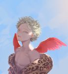  1boy absurdres blonde_hair blue_background boku_no_hero_academia brown_coat coat collarbone commentary_request f2_(fnf0023) face facial_hair feathered_wings gradient gradient_background hawks_(boku_no_hero_academia) highres lips looking_at_viewer male_focus off-shoulder_coat parted_lips red_wings short_hair solo spiky_hair teeth upper_body wings yellow_eyes 