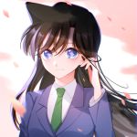  1girl bangs blue_eyes blue_jacket brown_hair closed_mouth collared_shirt floating_hair green_neckwear hair_between_eyes highres jacket long_hair long_sleeves meitantei_conan mouri_ran necktie school_uniform shirt smile solo upper_body very_long_hair white_shirt whj1356 wing_collar 