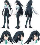  1girl aqua_eyes black_hair character_sheet gundam gundam_build_divers gundam_build_divers_re:rise highres long_hair looking_to_the_side may_(gundam_build_divers_re:rise) multiple_views official_art shrug_(clothing) solo transparent_background 