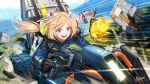  1girl ahoge aki_rosenthal artist_name bangs black_gloves blonde_hair blue_jumpsuit blurry blurry_background blush commentary_request container cosplay day death_stranding detached_hair driving eyebrows_visible_through_hair gloves grass ground_vehicle highres hikosan20216917 hololive long_hair motion_lines motor_vehicle open_mouth parted_bangs sam_porter_bridges sam_porter_bridges_(cosplay) solo violet_eyes virtual_youtuber 