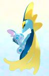  :d baby_carry blue_background eye_contact gen_8_pokemon highres inteleon looking_at_another no_humans open_mouth pokemon pokemon_(creature) smile sobble sylvaur_(serpygardy) 
