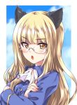 1girl animal_ears ascot blonde_hair blue_jacket blue_sky cat_ears clouds cloudy_sky collared_jacket crossed_arms eyebrows_visible_through_hair frown glasses highres index_finger_raised jacket kuroi_mimei light_blush long_hair long_sleeves looking_at_viewer military military_uniform outside_border perrine_h_clostermann sky solo strike_witches uniform white_neckwear world_witches_series yellow_eyes 